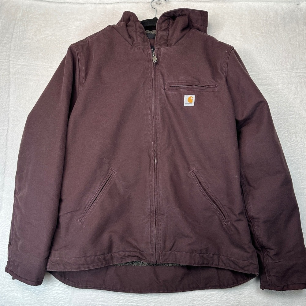 Carhartt Sherpa Lined Jacket Women L Burgundy Plum Canvas Hooded OJ4392-W